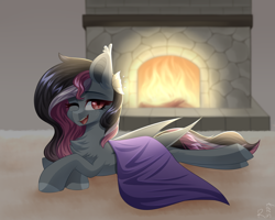 Size: 2500x2000 | Tagged: safe, artist:rinteen, oc, oc only, bat pony, pony, blanket, chest fluff, fire, fireplace, high res, lying down, one eye closed, prone, solo