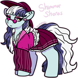 Size: 1466x1463 | Tagged: safe, artist:sexygoatgod, oc, oc only, oc:shimmer shores, earth pony, pony, adoptable, clothes, ear piercing, eyeshadow, female, glasses, hat, jacket, lidded eyes, makeup, piercing, simple background, skirt, solo, transparent background