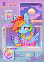 Size: 2480x3508 | Tagged: safe, artist:wavecipher, rainbow dash, pegasus, semi-anthro, g4, aesthetics, arm hooves, cellphone, clothes, high res, jacket, lidded eyes, phone, smartphone, smiling, solo, synthwave, vaporwave, webcore