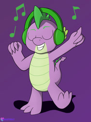 Size: 1729x2300 | Tagged: safe, artist:passionpanther, spike, dragon, series:ponies with headphones, g4, cute, dancing, eyes closed, grin, happy, headphones, male, music notes, purple background, simple background, smiling, solo, spikabetes