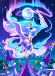 Size: 1455x2000 | Tagged: safe, artist:blueblizzzard, princess celestia, alicorn, pony, g4, aurora borealis, beautiful, canterlot castle, castle, crown, digital art, female, flying, full moon, hoof shoes, jewelry, mare, mare in the moon, moon, night, peytral, regalia, sky, solo, spread wings, wings