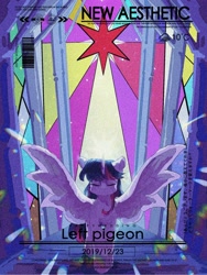 Size: 2160x1620 | Tagged: safe, artist:lendftcn, twilight sparkle, alicorn, pony, g4, eyes closed, female, film grain, mare, solo, spread wings, stained glass, text, twilight sparkle (alicorn), wings