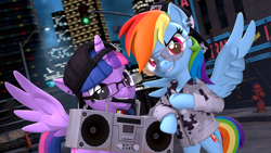 Size: 3840x2160 | Tagged: safe, artist:owlpirate, twilight sparkle, alicorn, pegasus, pony, g4, 3d, 4k, backwards ballcap, baseball cap, bipedal, bipedal leaning, boombox, cap, city, clothes, duo, feather fingers, female, glasses, grin, hat, high res, jacket, leaning, looking at you, mare, mouth hold, peace sign, smiling, smiling at you, source filmmaker, spread wings, sunglasses, twilight sparkle (alicorn), wing gesture, wing hands, wings