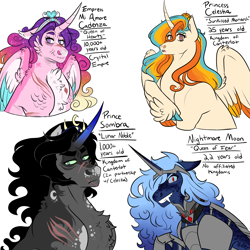 Size: 3000x3000 | Tagged: safe, artist:gingygin, king sombra, nightmare moon, princess cadance, princess celestia, alicorn, pony, unicorn, g4, alicorn amulet, alternate universe, cheek fluff, chest fluff, cloven hooves, colored wings, colored wingtips, elderly, fangs, feathered fetlocks, female, heart, heart eyes, high res, male, mare, scar, simple background, stallion, white background, wingding eyes, wings