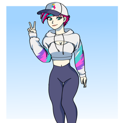 Size: 2000x2000 | Tagged: safe, artist:artevi, zipp storm, human, g5, alternate hairstyle, baseball cap, cap, clothes, cute, gradient background, hat, high res, hoodie, humanized, leggings, looking at you, peace sign, smiling, smiling at you, solo