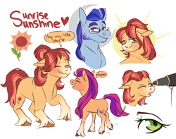 Size: 1280x1011 | Tagged: safe, artist:primrosepaper, argyle starshine, sunny starscout, oc, oc:sunrise sunshine, earth pony, pony, g5, female, filly, filly sunny starscout, flower, glasses, male, mare, mother and child, mother and daughter, ponytail, simple background, stallion, sunflower, sunny starscout's mother, telescope, unshorn fetlocks, white background, younger