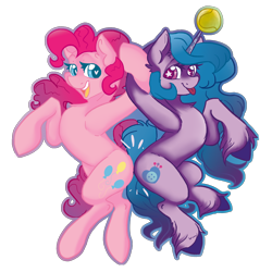 Size: 2000x2000 | Tagged: safe, artist:dankpegasista, derpibooru exclusive, izzy moonbow, pinkie pie, earth pony, pony, unicorn, g4, g5, :p, ball, blue eyes, butt bump, butt to butt, butt touch, chest fluff, colored, colored eyelashes, colored lineart, curly hair, cute, digital art, duo, duo female, ear fluff, female, floating, flowing mane, full body, full color, generational ponidox, gradient mane, happy, heart, heart eyes, high res, highlights, holding each other, holding hooves, horn, hornball, izzy and her heroine, izzy's tennis ball, izzybetes, jumping, krita, long eyelashes, long mane, long tail, looking at each other, looking at someone, looking back, pink coat, pink mane, purple background, purple coat, raised hoof, shading, simple background, smiling, smiling at each other, starry eyes, tail, tennis ball, tongue out, transparent background, unshorn fetlocks, upright, wall of tags, wavy mane, wavy tail, wingding eyes
