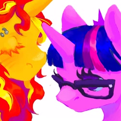 Size: 1600x1600 | Tagged: safe, artist:indigofera-tinctoria, sci-twi, sunset shimmer, twilight sparkle, pony, unicorn, equestria girls, g4, bust, duo, equestria girls ponified, eyes closed, glasses, piercing, simple background, unicorn sci-twi, white background