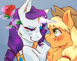 Size: 2048x1638 | Tagged: safe, artist:indigofera-tinctoria, applejack, rarity, pony, unicorn, g4, blue background, blushing, bust, cowboy hat, duo, ear piercing, female, flower, glowing, glowing horn, hat, horn, horn jewelry, jewelry, lesbian, looking at each other, looking at someone, magic, piercing, rose, ship:rarijack, shipping, simple background, smiling, telekinesis