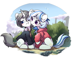 Size: 2954x2269 | Tagged: safe, artist:starbow, oc, oc only, oc:ethan olivecine, oc:yvonne.k waverhoof, earth pony, pony, unicorn, blushing, cheek squish, clothes, duo, female, high res, hoodie, mare, necktie, simple background, squishy cheeks, suit, transparent background