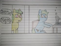 Size: 3120x4160 | Tagged: safe, artist:valuable ashes, oc, oc only, oc:technical writings, oc:valuable ashes, earth pony, pony, unicorn, comic, computer, dialogue, laptop computer, sitting, smoke, traditional art