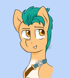 Size: 1849x2048 | Tagged: safe, artist:flutterbug18, hitch trailblazer, earth pony, pony, g5, blue background, bust, lidded eyes, looking right, looking up, male, sash, sheriff's badge, simple background, smiling, solo, stallion