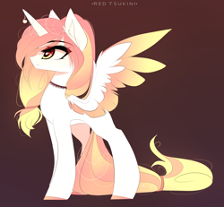 Size: 2381x2197 | Tagged: safe, artist:red_tsukini, oc, oc only, alicorn, pony, choker, colored wings, colored wingtips, concave belly, ear fluff, high res, magical lesbian spawn, offspring, parent:applejack, parent:princess celestia, parents:applelestia, solo, spread wings, two toned wings, wings