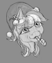 Size: 618x750 | Tagged: safe, artist:auntiefrost, oc, oc only, oc:snow frost, earth pony, pony, bust, candy, candy cane, christmas, food, hat, holiday, monochrome, portrait, profile picture, santa hat, sketch
