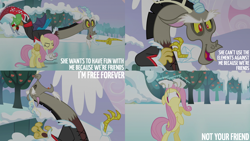 Size: 2000x1125 | Tagged: safe, edit, edited screencap, editor:quoterific, screencap, discord, fluttershy, draconequus, pegasus, pony, g4, keep calm and flutter on, apple, apple tree, bipedal, clothes, evil laugh, eyes closed, facial hair, female, goatee, gritted teeth, ha, happy, ice, ice skates, laughing, male, mare, nose in the air, open mouth, open smile, pointing, skates, smiling, snaggletooth, snow, teeth, tree, vest