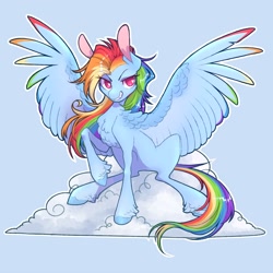 Size: 3000x3000 | Tagged: safe, artist:uni_pone, rainbow dash, pegasus, pony, g4, alternate design, belly, blue background, chest fluff, cloud, colored wings, concave belly, female, grin, heart, heart eyes, high res, hoof fluff, mare, multicolored wings, on a cloud, outline, rainbow wings, raised hoof, simple background, sitting, sitting on a cloud, slender, smiling, solo, spread wings, teeth, thin, unshorn fetlocks, white outline, wingding eyes, wings