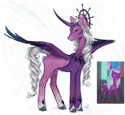 Size: 1423x1306 | Tagged: safe, artist:lutraviolet, opaline arcana, alicorn, pony, g5, my little pony: make your mark, my little pony: make your mark chapter 2, portrait of a princess, spoiler:g5, spoiler:my little pony: make your mark, spoiler:my little pony: make your mark chapter 2, spoiler:mymc02e03, 2023, alternate coat color, alternate design, alternate hairstyle, alternate tailstyle, braid, colored wings, crown, curly mane, curly tail, curved horn, eyelashes, filigree, gem, gradient wings, halo, helmet, horn, implied misty brightdawn, jewelry, lidded eyes, lighter coat, long horn, long legs, long mane, long tail, looking at you, multicolored wings, offscreen character, redesign, regalia, ringlets, screencap reference, simple background, slender, smiling, smiling at you, solo, sparkly wings, spread wings, tail, text, thin, thin legs, two toned mane, two toned tail, white background, wings