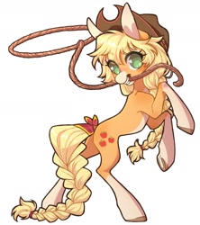 Size: 1600x1800 | Tagged: safe, artist:uni_pone, applejack, earth pony, pony, g4, blushing, braid, braided tail, coat markings, colored pinnae, cowboy hat, eyebrows, eyebrows visible through hair, female, hat, heart, heart eyes, lasso, looking at you, mare, mouth hold, no pupils, pale belly, rearing, rope, simple background, smiling, smiling at you, socks (coat markings), solo, tail, tail wrap, white background, wingding eyes