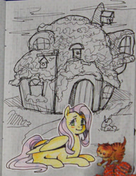 Size: 1495x1938 | Tagged: safe, artist:erein, fluttershy, pegasus, pony, g4, blushing, colored, ears up, flat colors, looking at you, lying down, monochrome, photo, sketch, smiling, smiling at you, solo, traditional art, wings