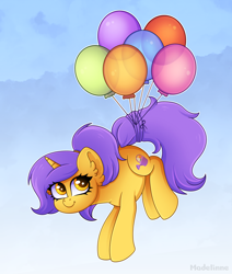 Size: 3500x4124 | Tagged: safe, artist:madelinne, oc, oc only, oc:tulipan, pony, unicorn, balloon, high res, horn, purple hair, sky, solo, unicorn oc