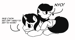 Size: 951x501 | Tagged: safe, artist:bright skie, oc, oc only, oc:bright skie, oc:howitzer, pony, black and white, couple, cuddling, dialogue, duo, grayscale, heart, lying down, monochrome, oc x oc, prone, shipping, simple, simple background, sketch, white background