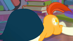 Size: 1920x1080 | Tagged: safe, screencap, sunburst, pony, unicorn, g4, season 8, the parent map, 1080p, book, booty call, cloak, clothes, coat markings, covered face, cutiespark, flank, glowing cutie mark, male, socks (coat markings), solo, stallion, sunburst's cloak