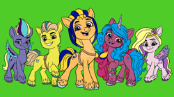 Size: 1280x718 | Tagged: safe, artist:sweetheart1012, color edit, edit, editor:sweetheart1012, hitch trailblazer, izzy moonbow, pipp petals, sunny starscout, zipp storm, earth pony, pegasus, pony, unicorn, g5, 1000 hours in ms paint, bag, bootleg, bracelet, colored, deviantart watermark, female, friendship bracelet, green background, group, jewelry, male, mane five, mare, obtrusive watermark, quintet, redesign, royal sisters (g5), saddle bag, sash, siblings, simple background, sisters, stallion, unshorn fetlocks, watermark
