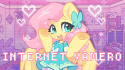 Size: 1920x1080 | Tagged: safe, artist:oofycolorful, fluttershy, pegasus, pony, semi-anthro, g4, arm hooves, clothes, cute, dress, female, fluttershy boho dress, hoof heart, internet yamero, looking at you, mare, open mouth, open smile, room, shyabetes, smiling, smiling at you, solo, sparkly eyes, underhoof, wingding eyes, yamero