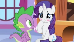 Size: 1920x1080 | Tagged: safe, artist:georgegarza01, rarity, spike, dragon, pony, unicorn, no excuse for the heart, g4, 1080p, age difference, blushing, cute, duo, fan animation, female, looking at each other, looking at someone, male, mare, raribetes, winged spike, wings