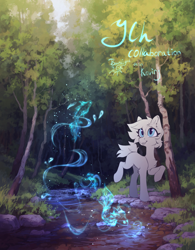 Size: 2800x3592 | Tagged: safe, artist:jsunlight, artist:koviry, oc, oc only, fish, pony, collaboration, commission, forest, high res, magic, river, solo, stream, water, your character here