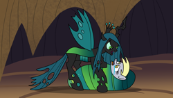 Size: 1920x1080 | Tagged: safe, artist:platinumdrop, derpy hooves, queen chrysalis, changeling, pegasus, pony, g4, abuse, bad end, bound, cave, cocoon, commission, crown, crying, derpybuse, duo, duo female, fangs, fear, female, helpless, imminent death, imminent vore, jewelry, looking at each other, looking at someone, lying down, mare, mare prey, on back, open mouth, predator vs prey, prone, regalia, restrained, scared, spread wings, stepped on, tears of fear, this will end in death, this will not end well, underground, wings
