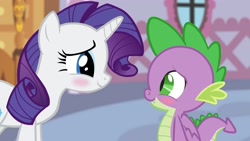 Size: 1920x1080 | Tagged: safe, artist:georgegarza01, rarity, spike, dragon, pony, unicorn, no excuse for the heart, g4, 1080p, age difference, blushing, cute, duo, fan animation, female, looking at each other, looking at someone, male, mare, raribetes, smiling, spikabetes, winged spike, wings