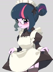 Size: 1680x2270 | Tagged: safe, artist:cheesesauce_45, sci-twi, twilight sparkle, human, equestria girls, g4, blush sticker, blushing, clothes, curtsey, cute, embarrassed, female, garter belt, garter straps, gray background, maid, maidlight sparkle, sci-twiabetes, simple background, solo, stockings, thigh highs, twiabetes