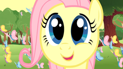 Size: 1366x768 | Tagged: safe, artist:beavernator, edit, edited screencap, screencap, fluttershy, butterfly, pegasus, pony, g4, season 1, the cutie mark chronicles, close-up, color error, cute, female, filly, filly fluttershy, happy, open mouth, shyabetes, smiling, so many wonders, solo, wrong eye color, younger