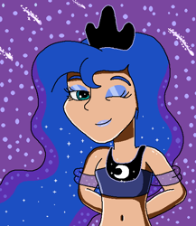 Size: 512x590 | Tagged: safe, artist:ocean lover, princess luna, human, g4, bare midriff, bare shoulders, beautiful, beautiful eyes, beautisexy, belly, belly button, blue eyeshadow, blue hair, blue lipstick, clothes, crown, curvy, dark, elegant, ethereal hair, eyeshadow, hourglass figure, human coloration, humanized, jewelry, lidded eyes, lips, lipstick, looking at you, makeup, midriff, moderate dark skin, ms paint, night, one eye closed, one eye open, pretty, princess of the night, regalia, shooting star, skinny, sleeveless, smiling, smiling at you, solo, sparkly, starry hair, starry night, stars, stupid sexy princess luna, teal eyes, thin, wavy hair, wink, winking at you