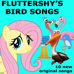Size: 720x720 | Tagged: safe, fluttershy, bird, flamingo, pegasus, pelican, pony, g4, cyan background, parody