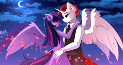 Size: 2048x1080 | Tagged: safe, alternate character, alternate version, artist:airiniblock, twilight sparkle, oc, oc:ryoku memori, alicorn, anthro, rcf community, g4, alicorn oc, anthro oc, canon x oc, clothes, costume, dress, duo, female, horn, male, night, romantic, sky, straight, twilight sparkle (alicorn), wings