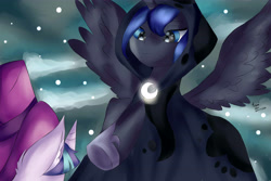 Size: 6000x4000 | Tagged: safe, artist:sumisunny124, princess luna, snowfall frost, spirit of hearth's warming yet to come, starlight glimmer, alicorn, pony, unicorn, a hearth's warming tail, g4, absurd resolution, cloak, clothes, cloud, duo, duo female, eyebrows, female, frown, glowing, hoof shoes, looking at each other, looking at someone, mare, signature, sky, snow, solo focus, spread wings, wings