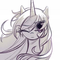 Size: 2048x2048 | Tagged: safe, artist:tkotu434, twilight sparkle, pony, unicorn, g4, eye clipping through hair, female, grayscale, high res, looking at you, mare, monochrome, one eye closed, simple background, solo, unicorn twilight, white background