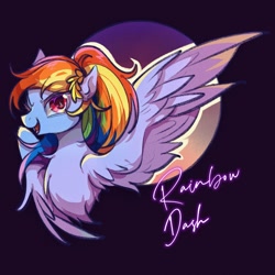 Size: 2048x2048 | Tagged: safe, artist:tkotu434, rainbow dash, pegasus, pony, g4, alternate hairstyle, black background, bust, chest fluff, female, high res, looking at you, mare, name, one wing out, open mouth, open smile, palindrome get, passepartout, ponytail, simple background, smiling, smiling at you, solo, wings