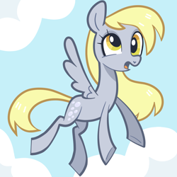 Size: 5000x5000 | Tagged: safe, artist:pilesofmiles, derpy hooves, pegasus, pony, g4, background pony, blue background, cloud, cloudy, derp, flying, food, muffin, simple background, solo