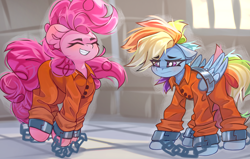 Size: 4096x2612 | Tagged: safe, artist:jfrxd, pinkie pie, rainbow dash, earth pony, pegasus, pony, g4, clothes, commission, duo, high res, never doubt rainbowdash69's involvement, prison outfit, prisoner rd, shackles, varying degrees of want