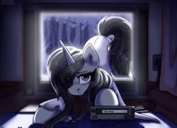 Size: 2350x1700 | Tagged: safe, artist:shadowreindeer, oc, oc only, pony, unicorn, commission, horror, movie, ponified, sadako, solo, television, the ring, vhs