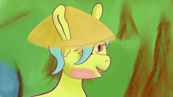 Size: 1920x1080 | Tagged: safe, artist:kujivunia, oc, oc only, earth pony, pony, burned, grass, hat, jungle, long ears, male, smiling, solo, stallion, straw hat, tree, vietnam flashback, water