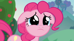 Size: 1920x1080 | Tagged: safe, screencap, pinkie pie, earth pony, pony, g4, season 5, the mane attraction, 1080p, apple, apple tree, big eyes, cute, diapinkes, female, floppy ears, frown, mare, sad, sadorable, solo, tree