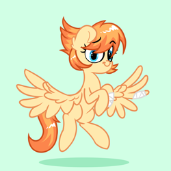 Size: 2250x2250 | Tagged: safe, artist:fakkajohan, oc, oc only, oc:flarewind, pegasus, pony, bandage, bandaged leg, bandaged wing, eyebrows, female, flying, green background, high res, looking at you, raised eyebrow, simple background, solo, spread wings, wings