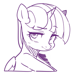 Size: 2061x2084 | Tagged: safe, artist:maren, twilight sparkle, alicorn, pony, g4, 2020, bust, doodle, female, high res, lidded eyes, mare, monochrome, old art, solo, twilight sparkle (alicorn), unamused