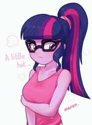 Size: 1421x1934 | Tagged: safe, artist:maren, sci-twi, twilight sparkle, equestria girls, equestria girls series, g4, 2021, adorasexy, adorkable, adorkasexy, alternate hairstyle, arm under breasts, blushing, breasts, busty sci-twi, busty twilight sparkle, cleavage, clothes, cute, dialogue, doodle, dork, glasses, looking sideways, meganekko, old art, sci-twiabetes, sexy, simple background, solo, sweat, tank top, twiabetes, white background