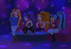 Size: 1460x998 | Tagged: safe, artist:carnifex, adagio dazzle, aria blaze, sonata dusk, sunset shimmer, human, equestria girls, g4, boots, cowboy boots, eyes closed, female, high heel boots, human coloration, karaoke, microphone, open mouth, shoes, singing, the dazzlings