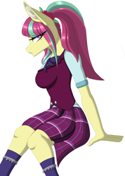 Size: 2128x2994 | Tagged: safe, artist:melodytheartpony, sour sweet, anthro, equestria girls, g4, bow, clothes, commission, eyelashes, female, hair accessory, high res, looking at you, plaid, ponytail, shirt, signature, simple background, sitting, skirt, socks, solo, uniform, white background
